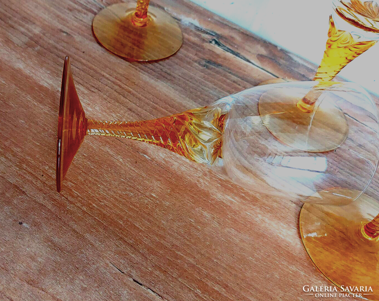 Antique, art deco polished, golden yellow, amber yellow, stemmed glass, goblet, glass set of 5 pieces
