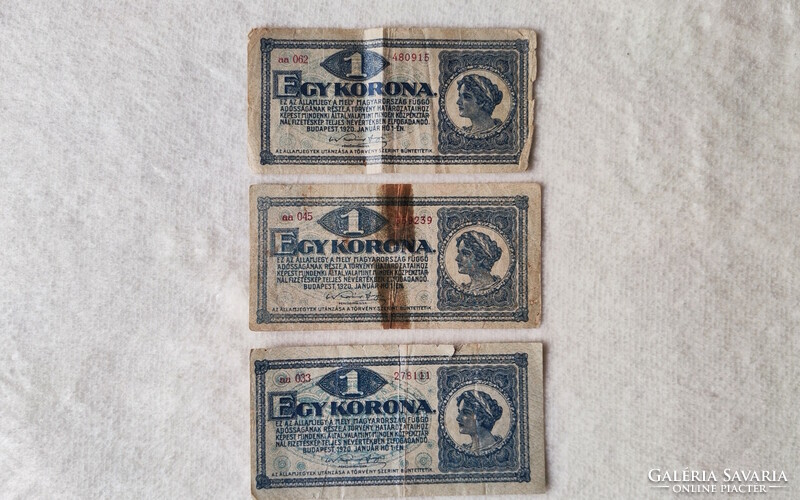 1920-as magyar 1 korona (G) | 3 db bankjegy