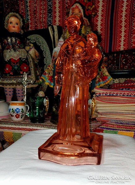 Antik Öntött üveg  Szent ereklye  Szent Antal karjában Kis Jézus. Mögötte Gyertyatartó  Gyönyörű , r