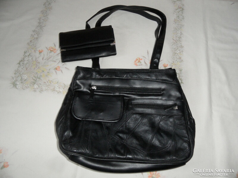Black faux leather women's shoulder bag + wallet