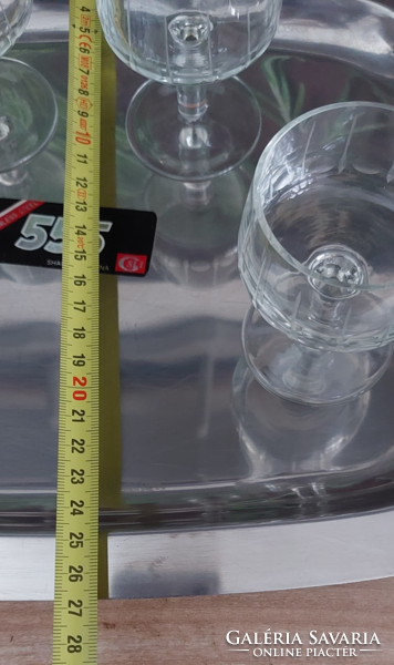 Régi csiszolt  talpas üveg pohár 4 db +Vintage 18/8 rozsdamentes tálca 555 Shanghai China 40 x 27 cm
