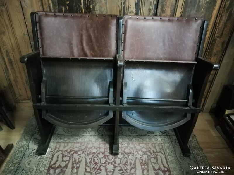 Pair of cinema chairs, reupholstered, carefully restored, from the 1950s, 60s, with leather upholstery