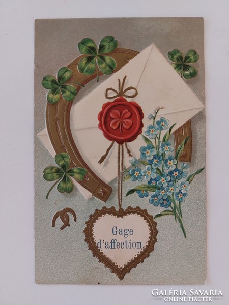 Old postcard 1912 embossed postcard horseshoe heart clover forget-me-not