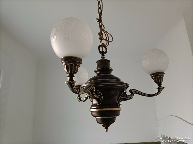 Refurbished 3-branch antique copper chandelier and lamp for sale