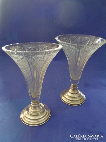 Pair of crystal vases with silver bases