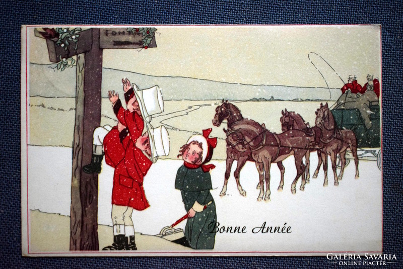 Régi  Újévi grafikus üdvözlő képeslap - lovasfogat, gyerekek , hóesés