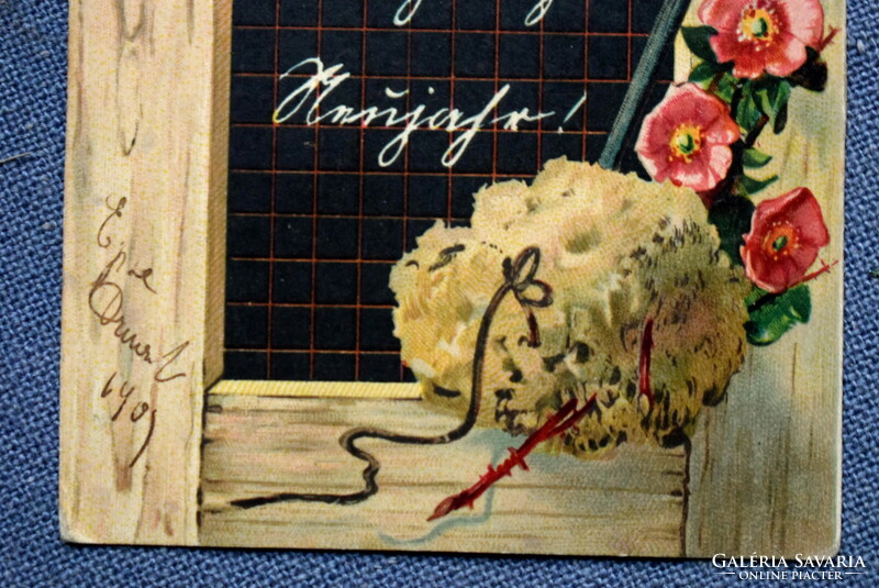 Antique New Year greeting chalkboard postcard - pig drawing, sponge from 1909