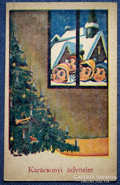 Régi grafikus Karácsonyi  üdvözlő képeslap - gyerekek , karácsonyfa