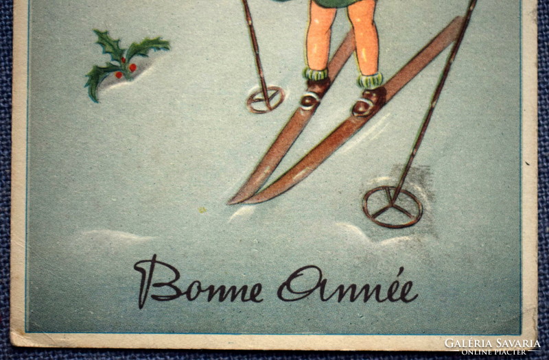 Art deco New Year's graphic greeting card - skiing children