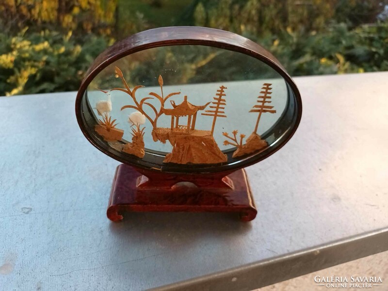 Kézműves kínai parafa tájkép - miniatűr faragás - darvak pavilon mellett