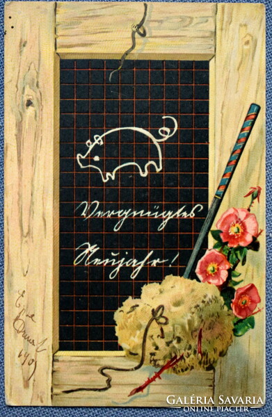 Antique New Year greeting chalkboard postcard - pig drawing, sponge from 1909