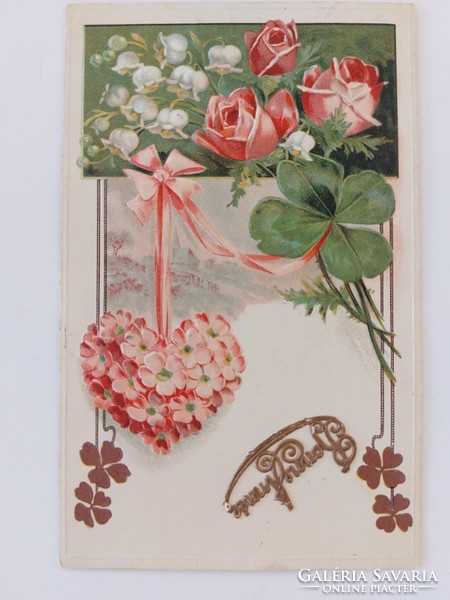 Old postcard 1912 embossed postcard rose clover primula heart