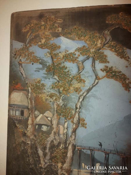 Antik keleti festmény, rétegelt falemez, gipsz stukkó, olajfesték, 35x50 cm