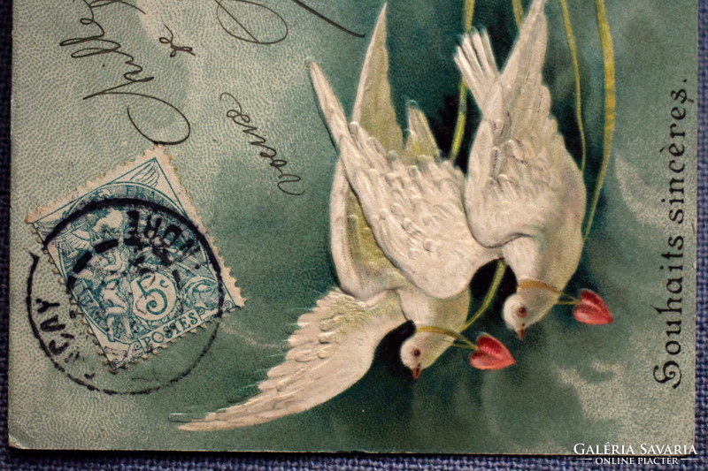 Antique embossed New Year greeting card - dove 1905 from Nemelejcs, pigeons from 1904