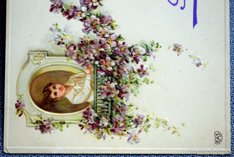 Antik dombornyomott Újévi üdvözlő képeslap - kisleány, kisfiú  , virág