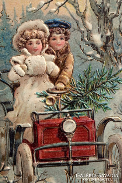 Antik dombornyomott Karácsonyi üdvözlő képeslap - gyerekek , téli táj, automobil, fenyőfa  1903ból