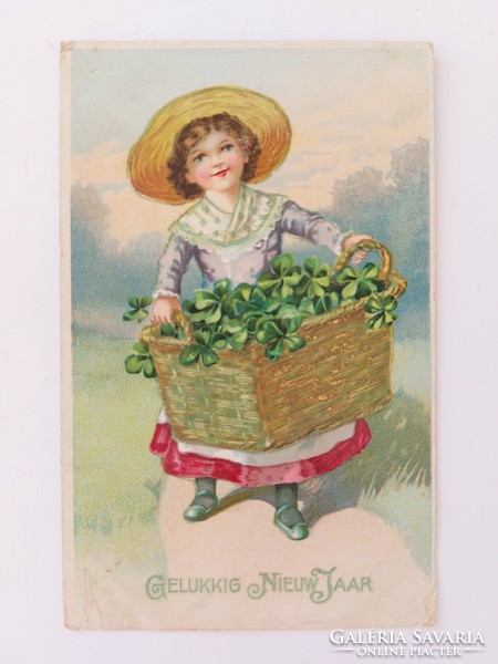 Old postcard New Year postcard little girl clover basket