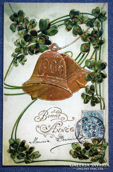 Antique embossed New Year greeting card with golden bell 1906, 4-leaf clover