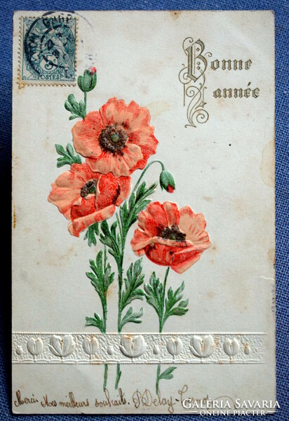 Antique embossed New Year greeting card - poppies from 1906