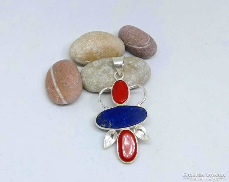 Pendant with lapis lazuli and red coral stone, silver-plated socket sa-98274