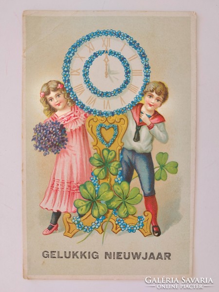 Old New Year's card embossed postcard clover forget-me-not children clock midnight