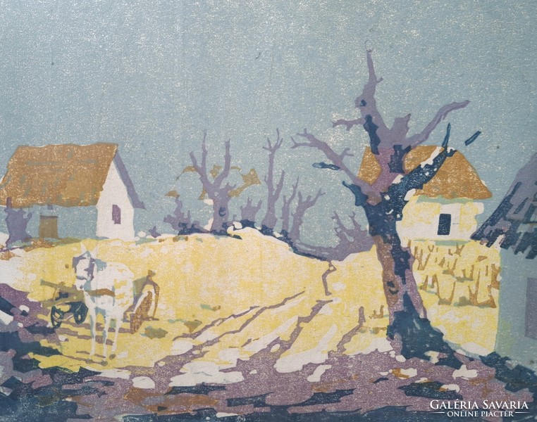 Török Endre (1926-1980): Dűlő út (színes linómetszet keretben) pilisi születésű művész