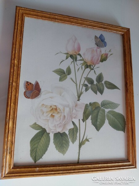 Fa keretben lévő szép rózsás, pillangós antik nyomat 28 x 23 cm