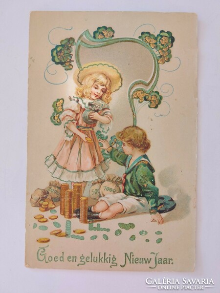 Old postcard New Year embossed postcard clover kids coins