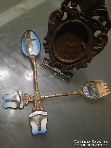Copper spoon decorated with vila fire enamel + 1 copper picture frame