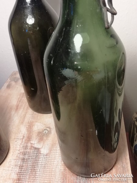 Old small green glass bottles with buckles, 3 pcs