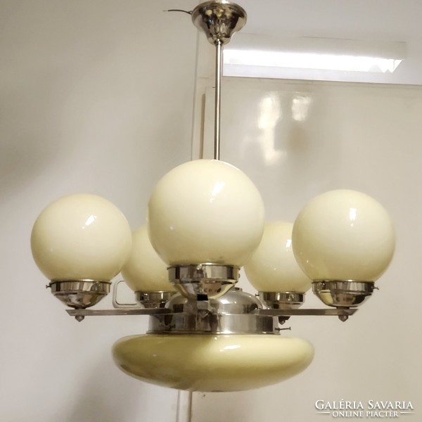Art deco 5-arm, 6-burner chandelier renovated - cream shades