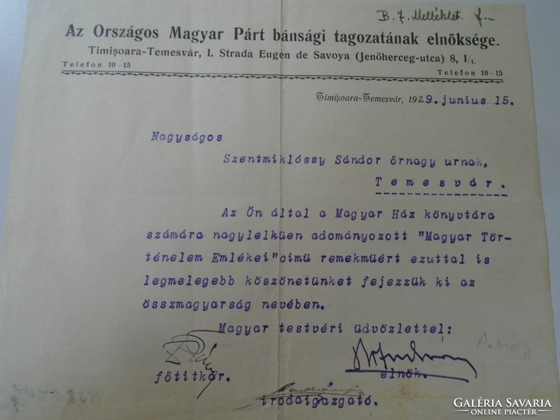 ZA468.1 Temesvár - Magyar Párt Bánsági Tagozatának Elnöksége 1929 - Szentmiklóssy Sándor őrnagy