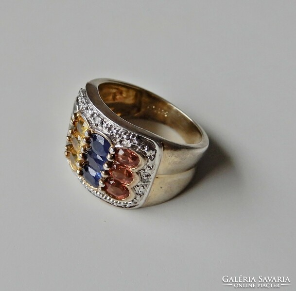 Gold-plated silver ring with precious stones and diamonds
