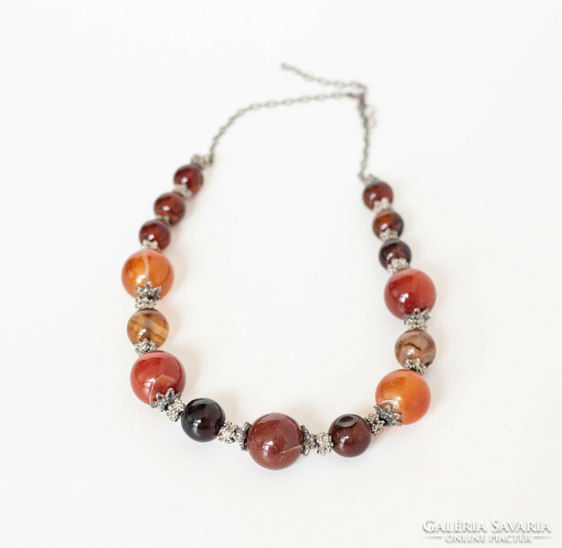 Vintage necklace made of colorful semi-precious stone beads - banded agate, amber agate mineral jewelry