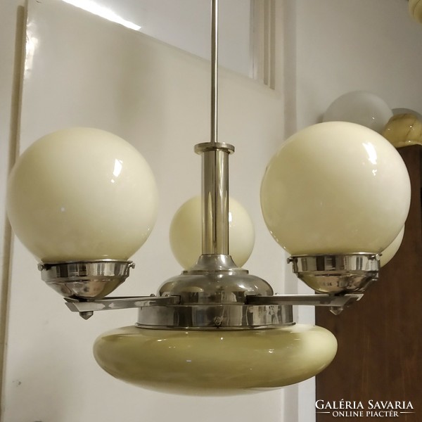 Art deco 5-arm, 6-burner chandelier renovated - cream shades