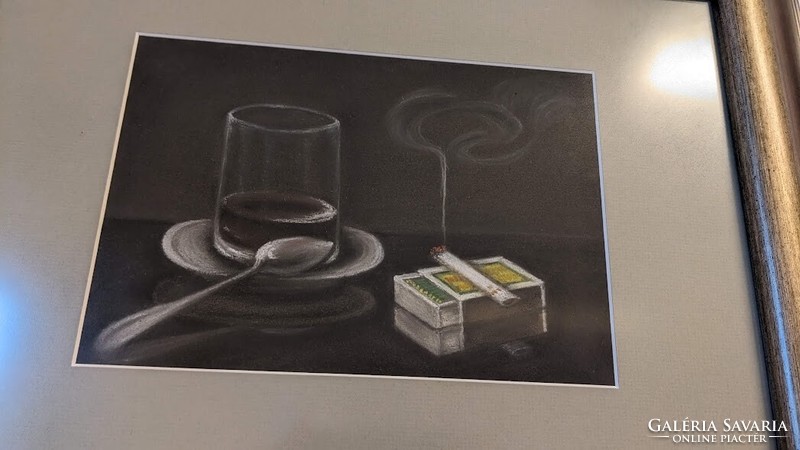 Csendélet kávéval cigarettával art deco stílusú pasztell kép