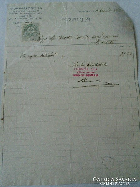 Za468.15 Old invoice - 1919 Budapest - Gyula Thurnherr's artificial furniture and tableware factory