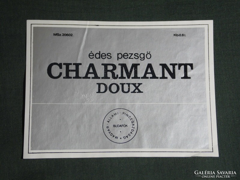 Wine champagne label, Budafok winery, wine farm, charming doux champagne 0.8 L.