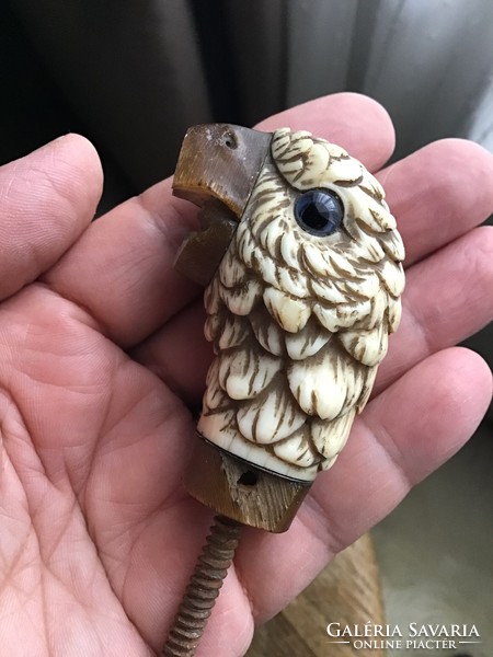 Parrot head carved from antique tusk with stick-end horn, damaged