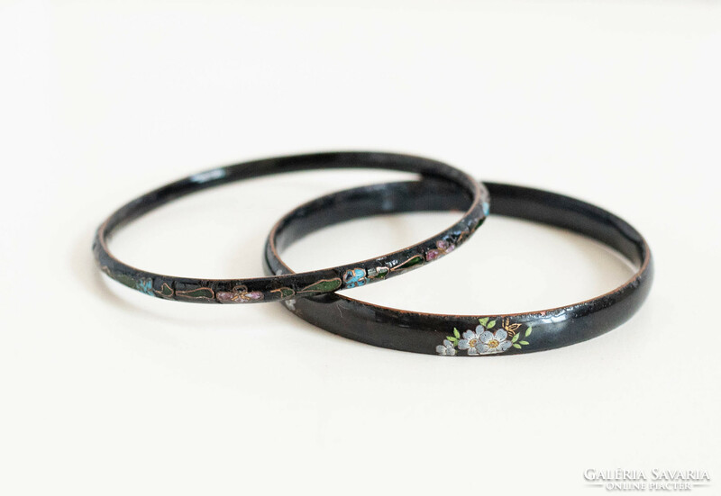 Pair of antique bracelets - fire enamel decoration, flower pattern - vintage bracelets