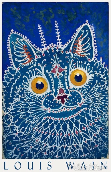 Louis wain blue cat painting art poster stylized cat kitten portrait head