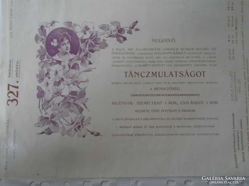 ZA323B14 Kner Izidor GYOMA Békés -1907 Meghívó MINTA  katalógusból -Losonc -Székesfehérvár Majális