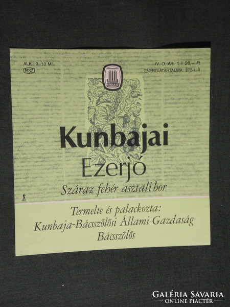 Wine label, Kunbaja grapevine winery, wine farm, Kunbaja ezerjó wine