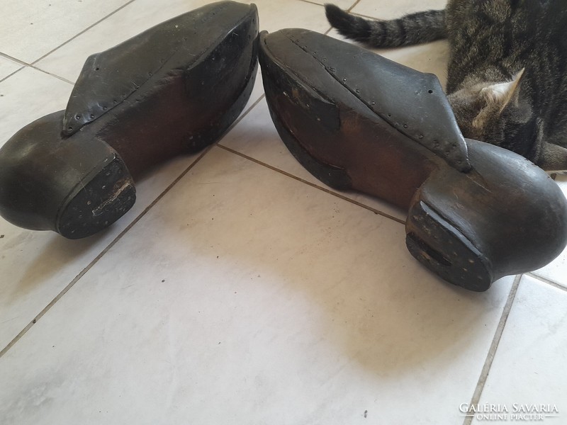 Old unique handmade, carved wooden sole, men's slippers with cowhide upper part, size 43-44.