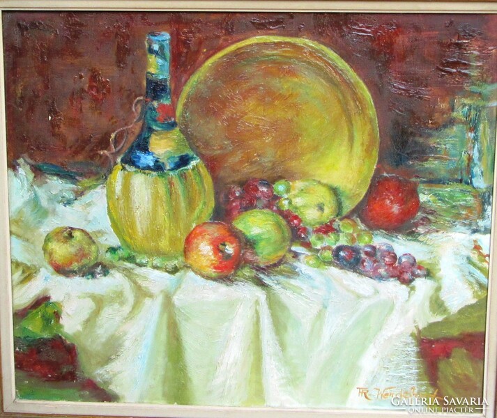 Tabletop still life oil painting, canvas, defective frame, labeled, 75 x 65 cm, 50 x 60 cm