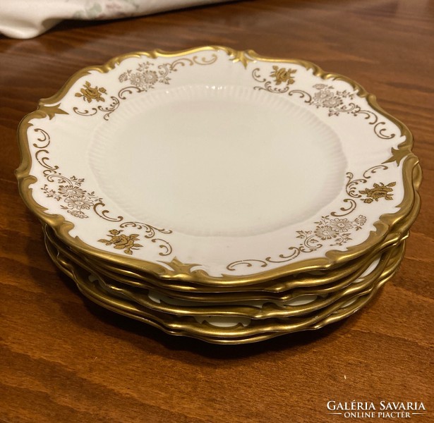 Reichenbach porcelain cake/breakfast set with gilded pattern - 1 serving bowl with 6 small plates