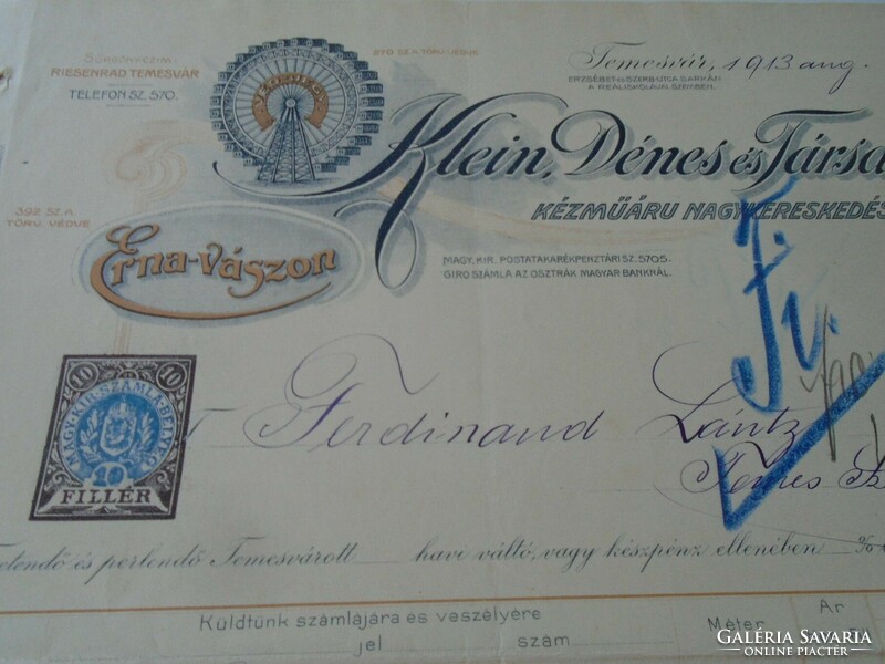 ZA470.37 Klein Dénes -Temesvár Erna vászon - számla 1913 Temesszépfalu Lántz Nándor