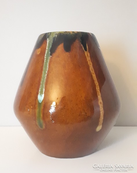 Jelzett hibátlan GRANIT ~1950 csorgatott mázas kerámia váza 19.5 cm