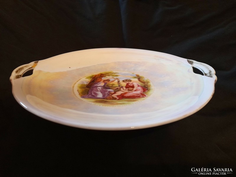 Jelenetes, irizáló mázas porcelán asztalközép, kínáló, süteményes tál