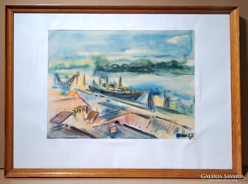 József István Mikes (1936-1983): harbor (watercolor) Vác painter